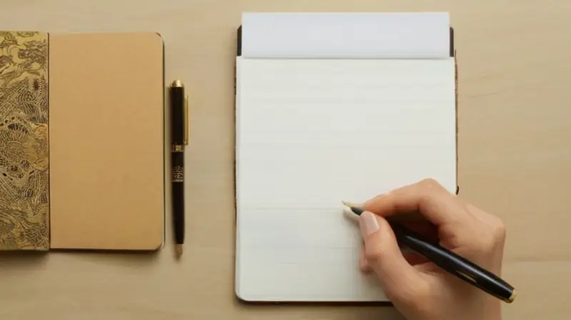 Una escritora con una pluma sobre un bloc, rodeada de libros y documentos en un ambiente sereno iluminado por una suave luz