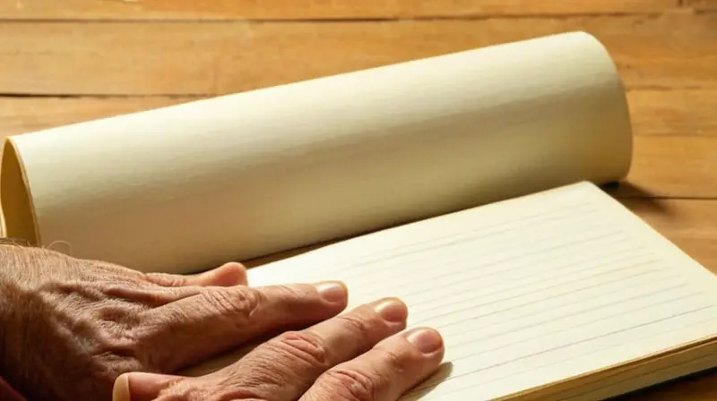 Un anciano tiene en sus manos un viejo cuaderno de trabajo con notas y anotaciones