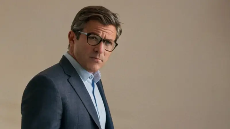 Un hombre de mediana edad mira directamente a cámara con una expresión seria, vestido con un traje gris claro y una camisa azul clarita, bajo una luz suave que destaca sus arrugas y creencias