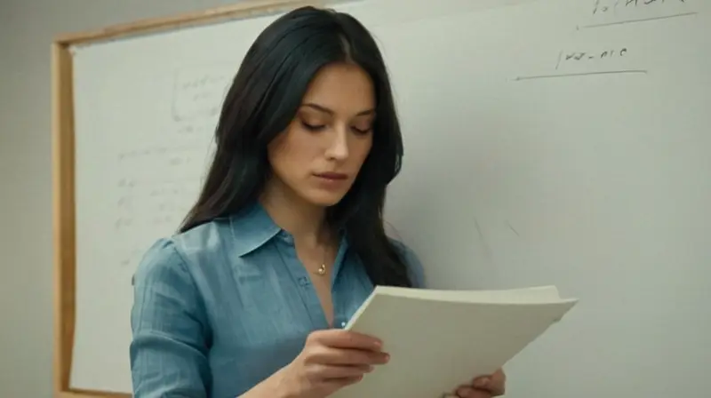 Una joven mujer de 25 años está sentada en una mesa antigua, leyendo un documento o libro con intenso interés