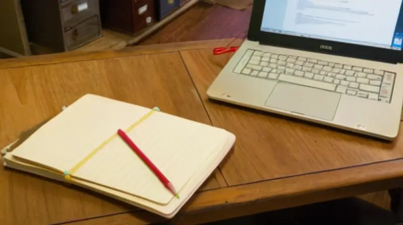 Una mesa desordenada muestra una computadora antigua