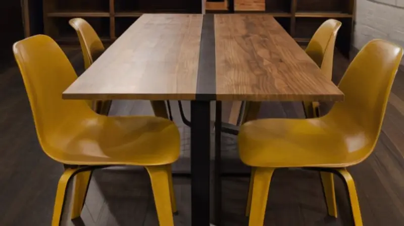 Una mesa rectangular central y cuatro sillas de madera en la habitación con papeles escritos y notas desordenadas