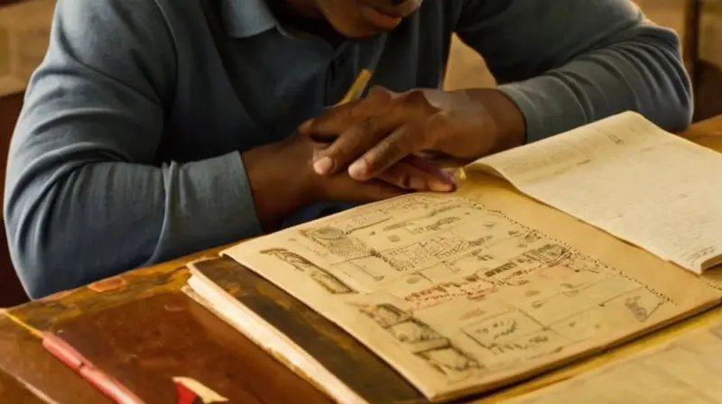 Un joven está estudiando un folleto de una estación de bomberos en su escritorio cubierto con papeles y textos viejos al lado de una ventana con luz matutina