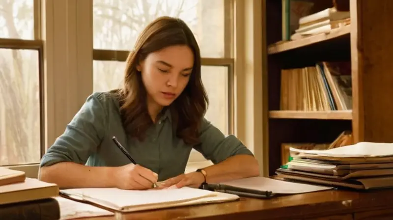 Una joven está concentrada escribiendo en su escritorio de madera desordenado mientras llueve fuera de la ventana