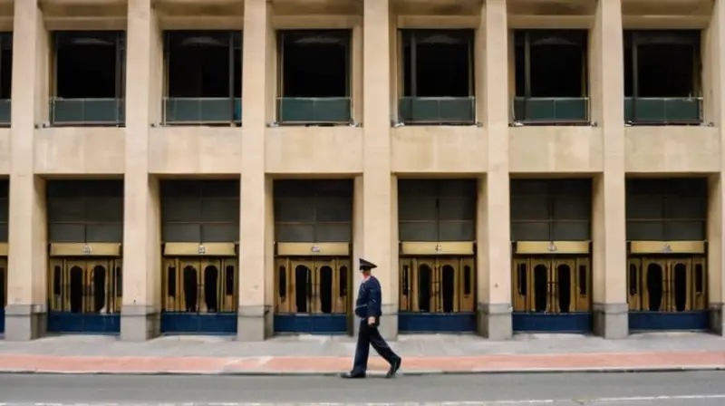 Un policía de uniforme azul oscuro parado en la entrada de un edificio policial decrépito