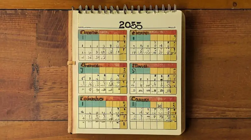 En una nota antigua de cuero desgastado, se encuentra una página con múltiples calendarios coloreados cada uno con la inscripción Correos 2025 en su parte superior