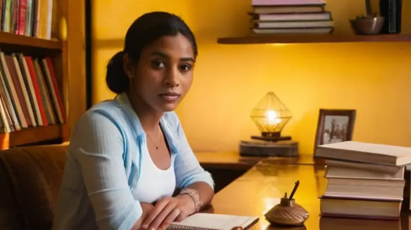 Una joven mujer de piel morena sentada en una mesa larga y baja