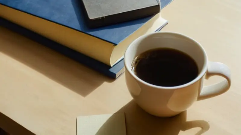 Un escritorio desgastado y cubierto con papeles y libros está iluminado por luz natural que muestra un bolígrafo escondido detrás de los libros