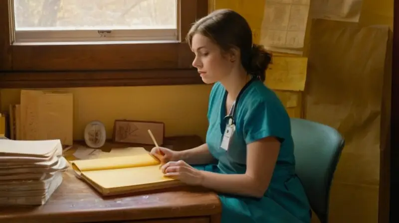 Una joven enfermera lee y toma notas entre una pile de documentos y planos colgados en su estudio hogareño