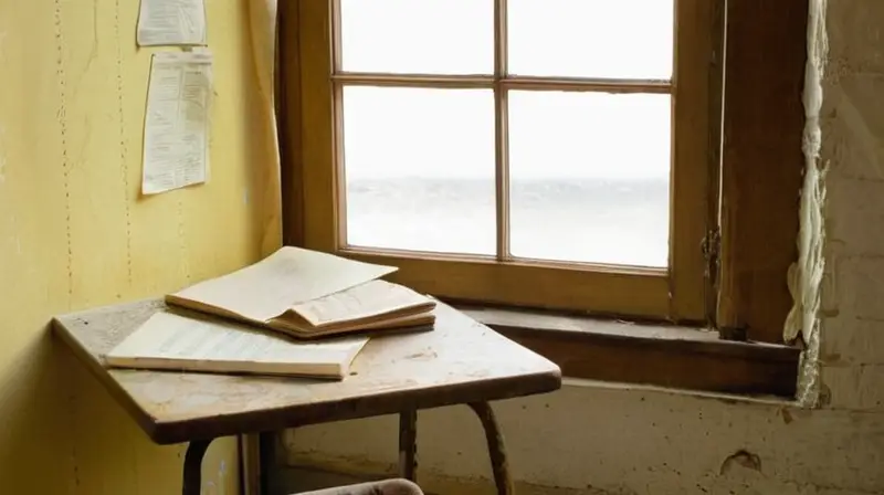 Una habitación pequeña y desorganizada con una cesta de papeles y objetos dispersos, iluminada débilmente por el sol que entra a través de la ventana sucia
