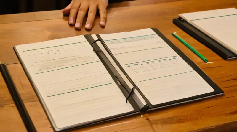 En una mesa de madera desgastada y un escritorio iluminado por una lámpara destaca una carpeta desplegada con papel y material de trabajo organizados