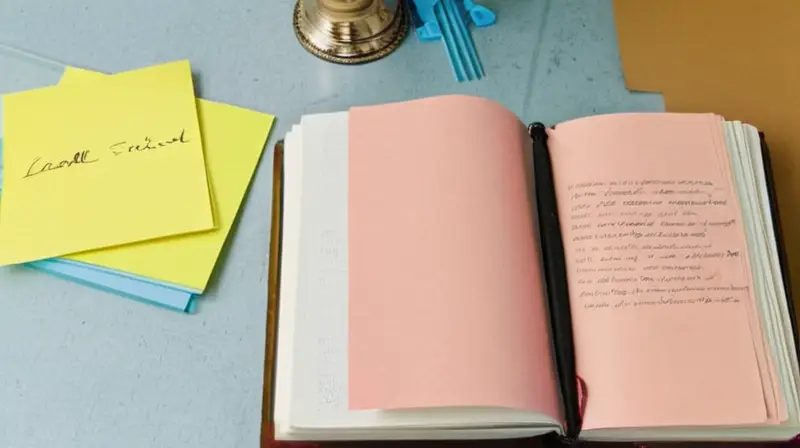 La imagen muestra un pedazo de papel con texto impreso y varias memorias post-it, colocados sobre una mesa desordenada en un entorno de oficina