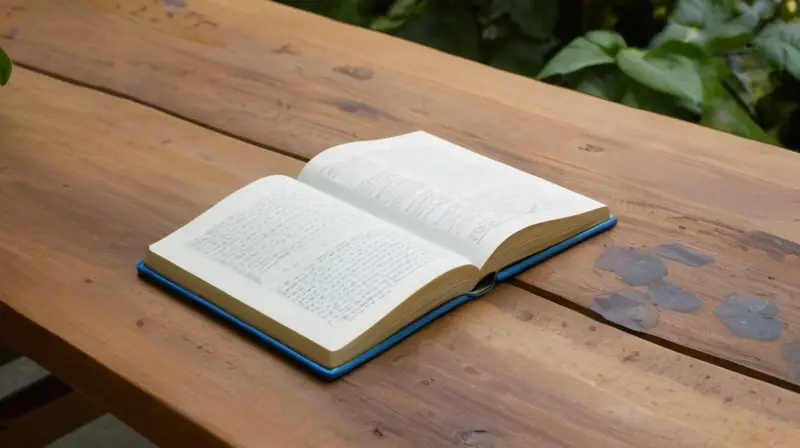 La escena describe una habitación tranquila y acogedora con un viejo escritorio de madera en el centro