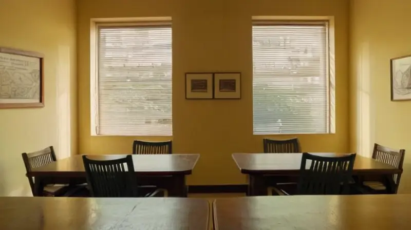 La estancia está iluminada de manera difusa por lámparas de escritorio y el sol a través de una ventana sucia, mostrando un ambiente tranquilo y abrumado por textos y apuntes