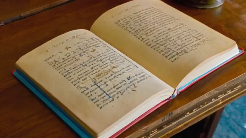 Una estantería de escritorio con notas manuscritas y libros antiguos proyecta calidez y nostalgia en un espacio silencioso