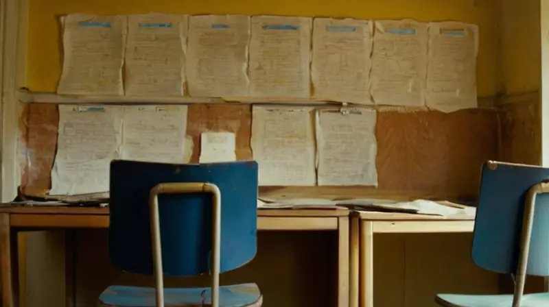 Una habitación desordenada tiene una escritura en la pizarra y notas dispersas por un escritorio viejo y manchado