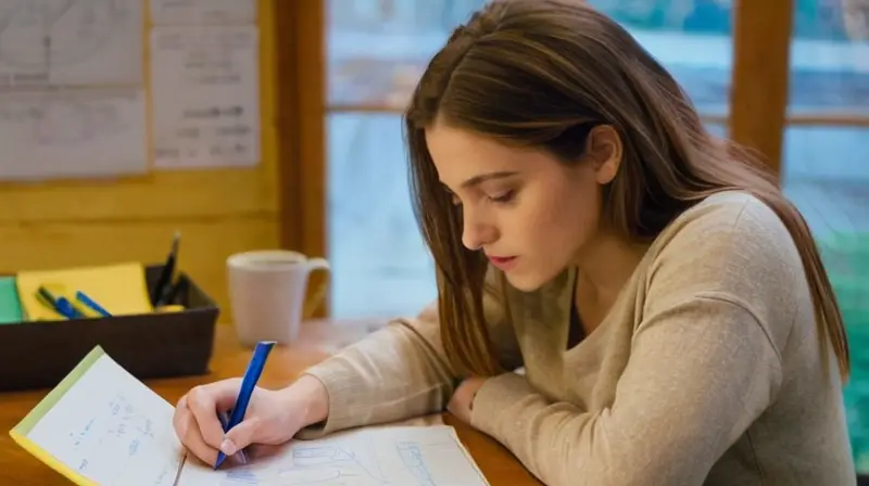 Una joven mujer estudia intensamente en su escritorio cubierto de papeles y notas tachonados