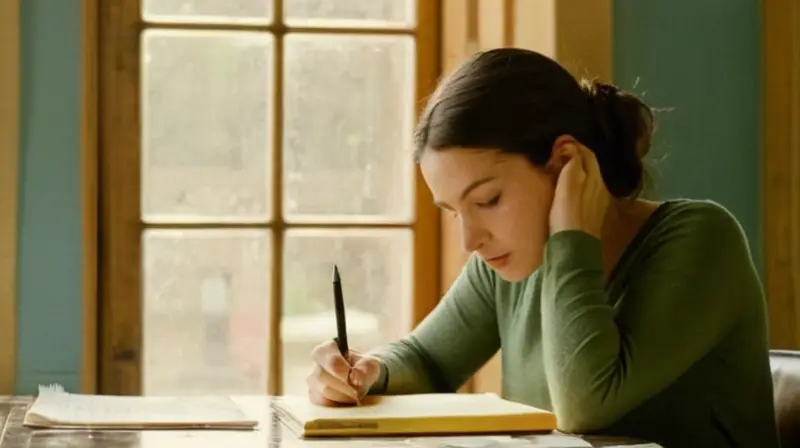 Una joven adulta sentada en una mesa desordenada