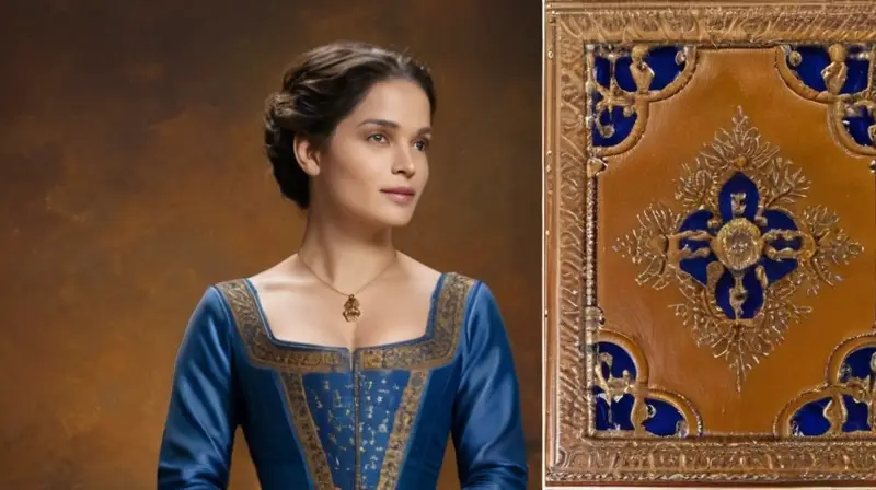 En la pintura se muestra una figura femenina sentada en un ambiente tranquilo con ropa de moda antigua y rodeada de libros y luces suaves