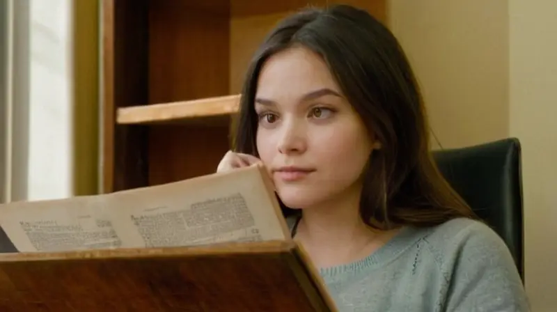 Una joven mujer estudia en su habitación de oficina, rodeada por objetos y detalles que evocan un ambiente tranquilo y académico