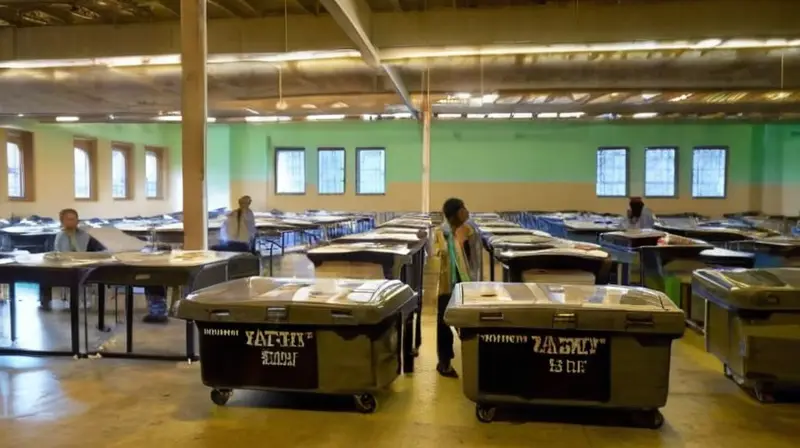 Un edificio de gobierno desgastado alberga centro de votación con carteles de campaña, luz fluorescente artificial y voluntarios tecleando en laptops para facilitar el proceso electoral