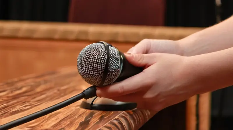 Una mano juvenil sostiene un estantería frente a un podio antiguo y decorativo, iluminado suavemente por las luces del escenario