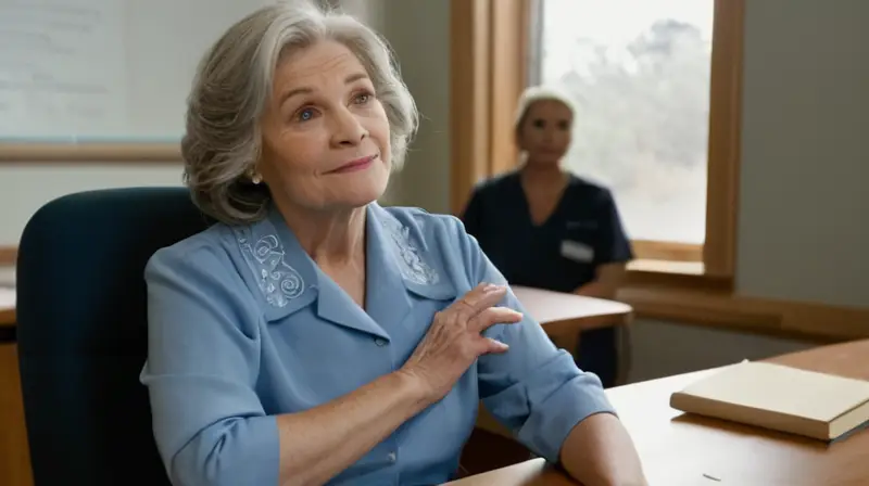 Una clase de anciana con detalles personales rodeada de libros médicos y objetos desgastados