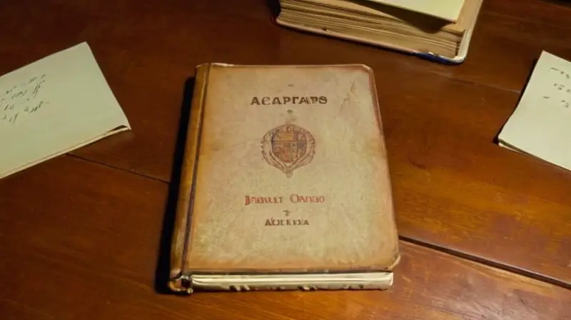 En un escritorio minimalista hay un libro desgastado con notas manuscritas y correciones de exámenes en archivos manila