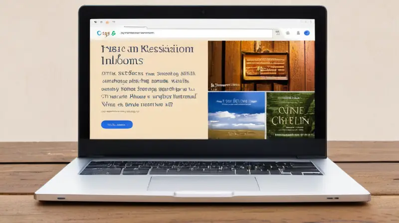 En una mesa de madera oscura con algunos rayones, hay un ordenador portátil encendido que muestra resultados de búsqueda en Google