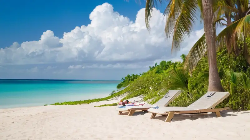 Una playa con palmas y arena dorada donde dos turistas se relajan al abrigo de una sombrilla